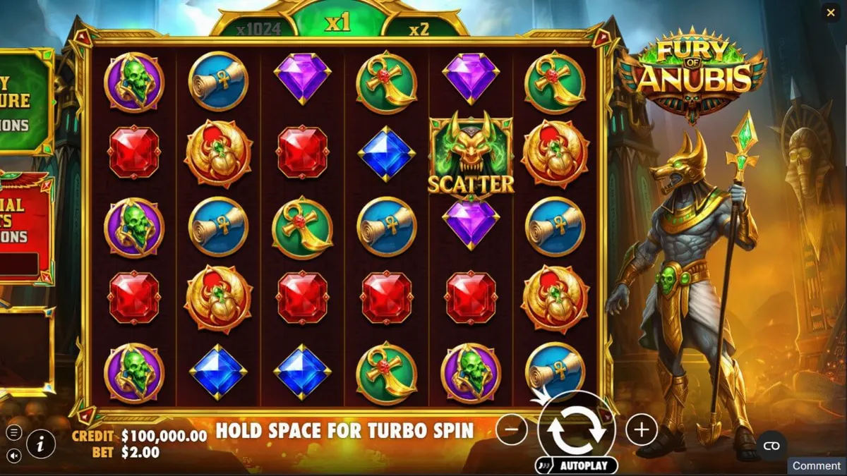 Tampilan visual slot Fury of Anubis dengan latar belakang makam Mesir yang megah dan simbol-simbol emas.
