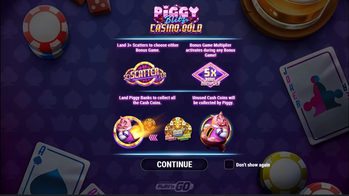 Tampilan visual slot Piggy Blitz Casino Gold dengan elemen neon dan simbol kasino