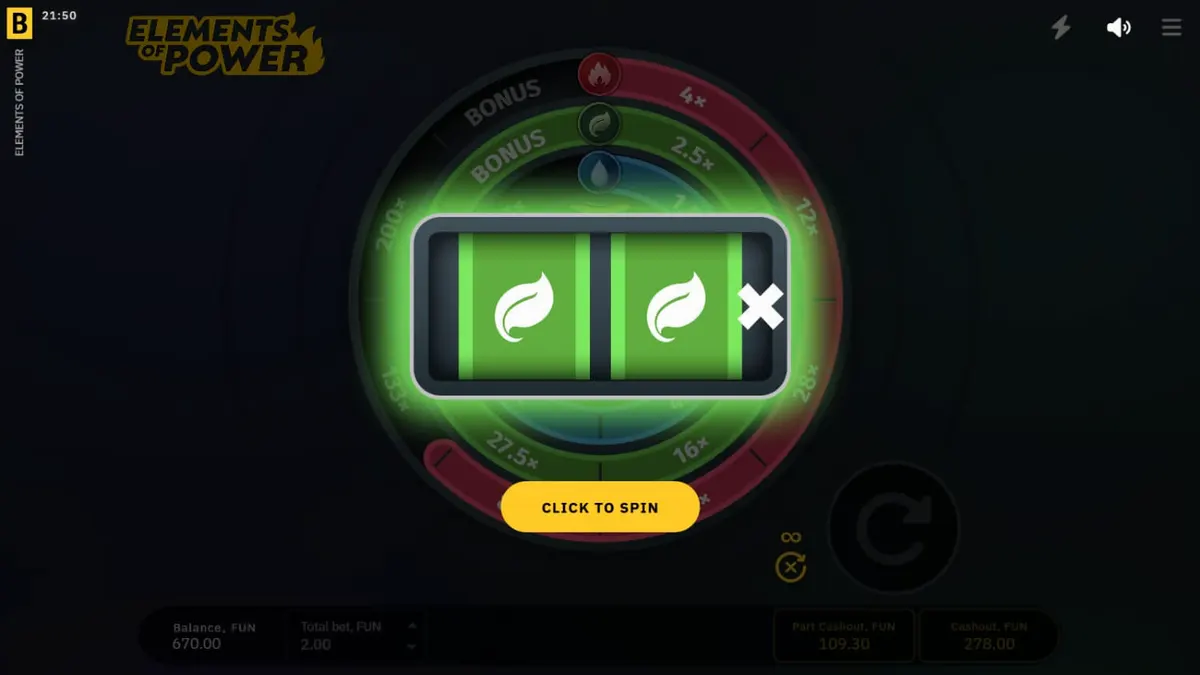 Tampilan visual slot Elements of Power dengan elemen api, tanah, dan air