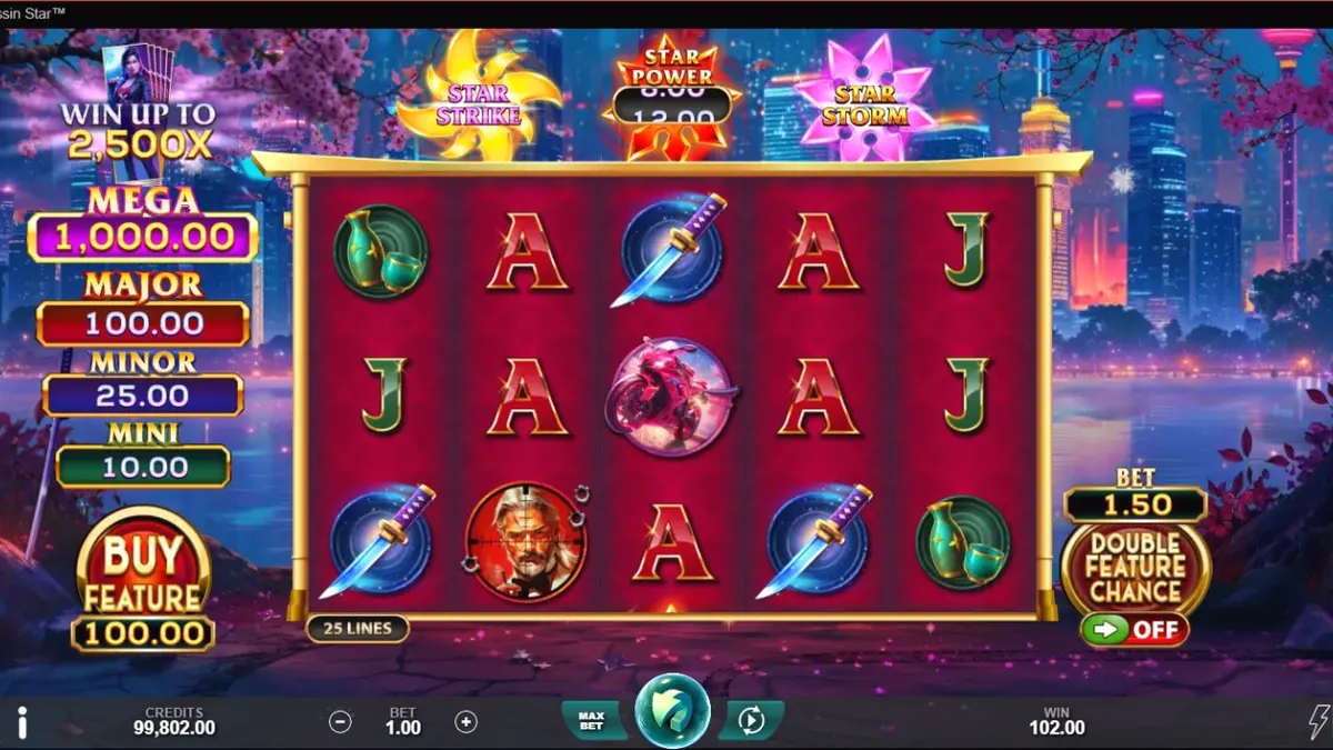 Tampilan visual neon-noir dari slot Assassin Star dengan elemen bunga sakura dan simbol futuristik.